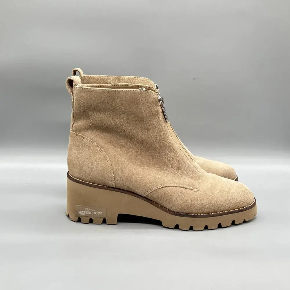 Blondo Boots Womens 9 Beige Suede Waterproof Ankle Wedge Zip Booties Shoes